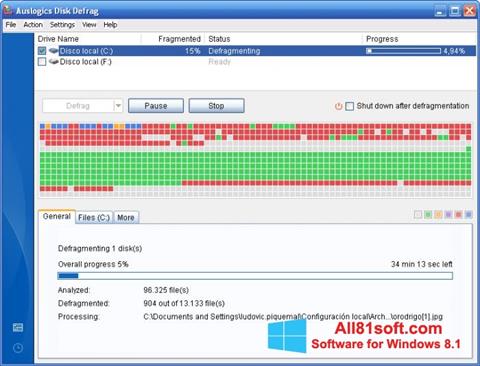 Petikan skrin Auslogics Disk Defrag untuk Windows 8.1